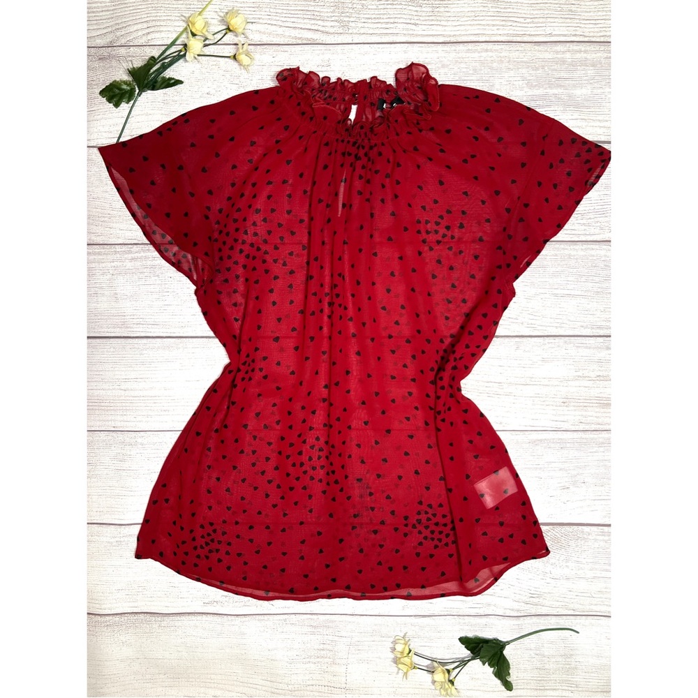 EXPRESS Heart Print Ruffle Neck Top - Picture 2 of 14